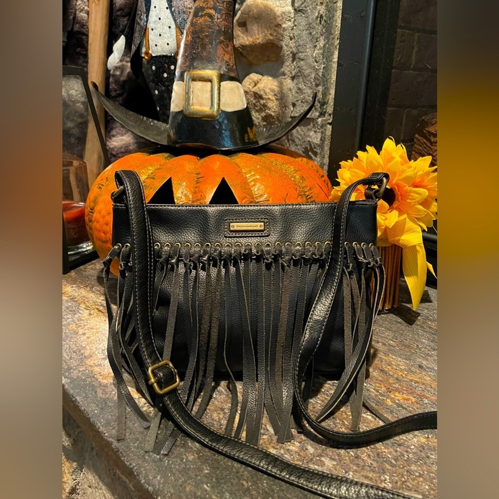 Tignanello Leather Fringe Adjustable Strap Crossbody Bag • Dark Brown